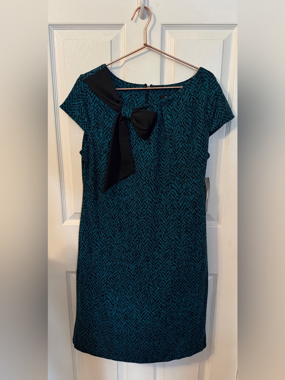 Blu Sage Teal Patterned Sheath Dress with Black Bow